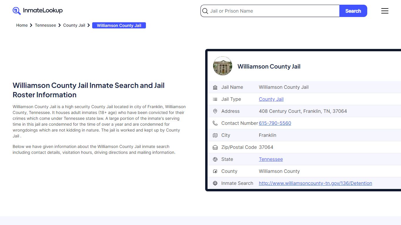 Williamson County Jail Inmate Search - Franklin Tennessee - Inmate Lookup